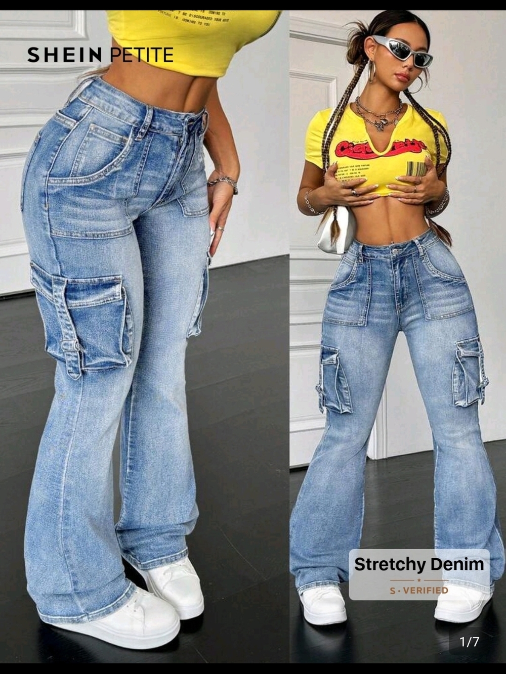 SHEIN Petite Light Blue Cargo Flare Jeans